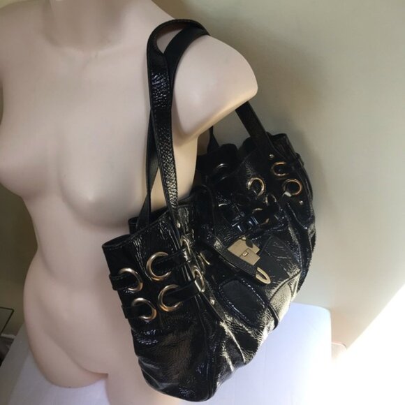 Jimmy Choo Ramona Leather Patent Shoulder Bag Tote Satchel Logo Pockets Black Lg - Picture 5 of 15